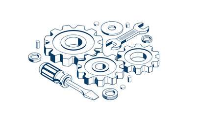 Repair and maintenance concept, technics service, gears and tools in 3D isometric projection vector illustration, technical mechanical workshop.