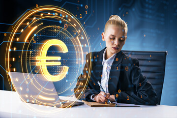 Businesswoman analyzing digital euro symbol concept on laptop in futuristic background.
