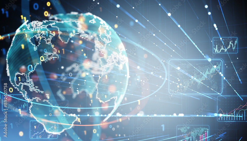 Leinwandbilder Digital globe with binary code and financial graphs on blue background. 3D Rendering