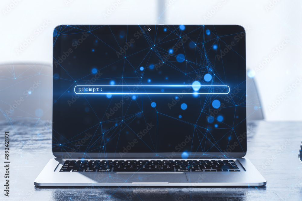 Aufkleber Laptop screen with a prompt search bar on a digital network background. 3D Rendering