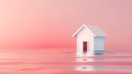 Minimalist small white house in the middle of calm water with a pastel pink background, symbolizing tranquility and solitude.