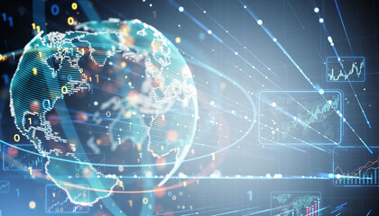 Digital globe with binary code and financial graphs on blue background. 3D Rendering