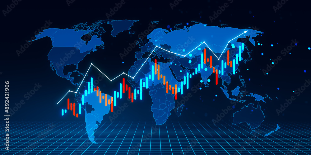 Aufkleber Global Forex Market with Upward Candlestick Chart on Digital World Map Backdrop. 3D Rendering