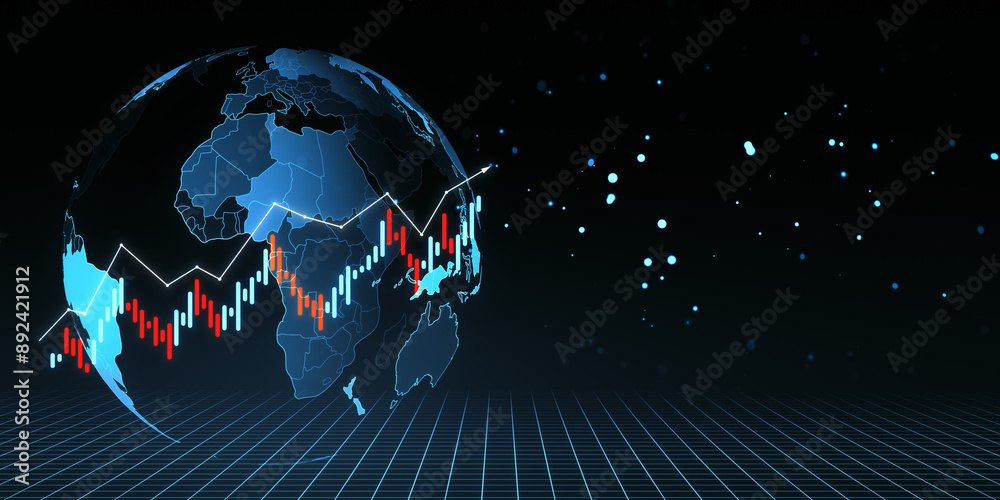 Aufkleber digital forex trading chart on globe with dark background. 3d rendering