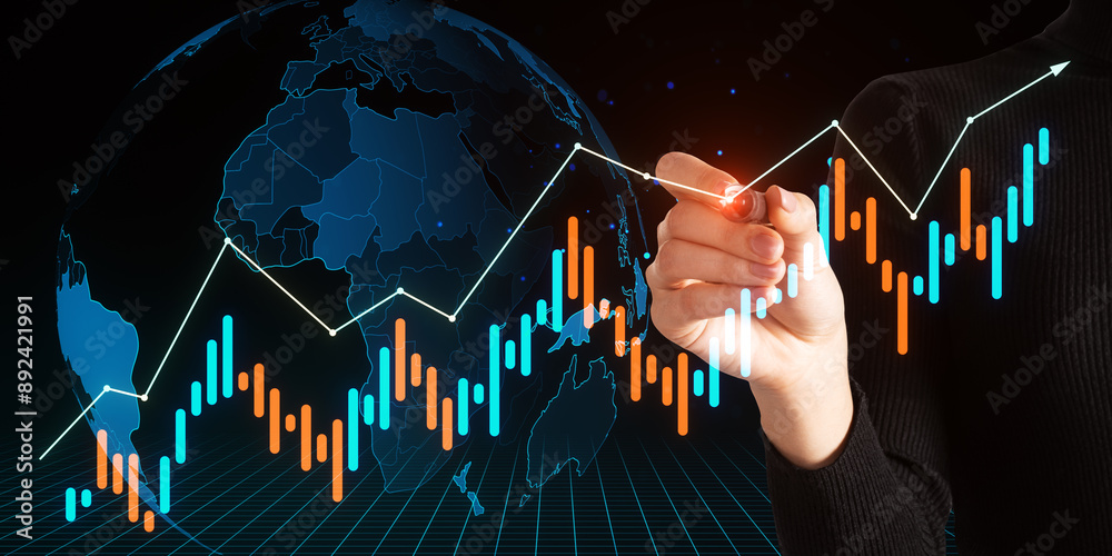 Poster hand drawing upward financial chart with a digital globe in the background.
