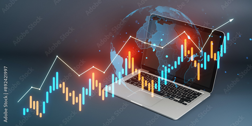 Poster Forex trading graph and candlestick chart overlay on a laptop screen with a global map in the background.