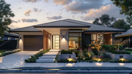 Front view of a sleek, modern suburban home with minimalist landscaping, featuring a unique roof design
