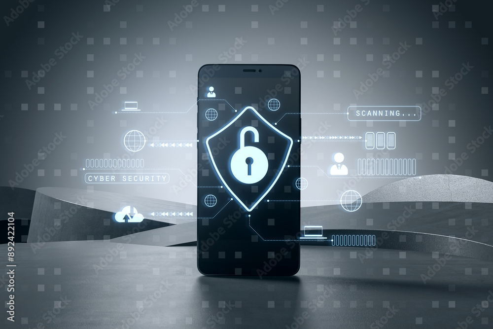 Aufkleber Smartphone with cybersecurity lock icon on hologram interface. 3D Rendering