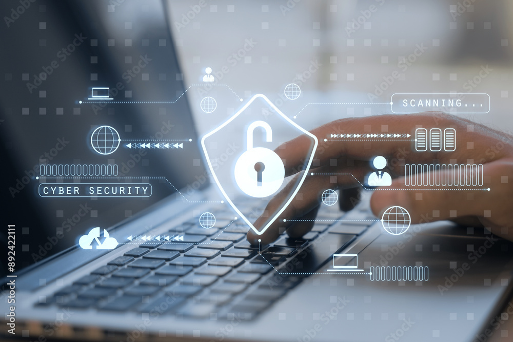 Poster cybersecurity concept with lock icon and holographic elements on laptop keyboard.