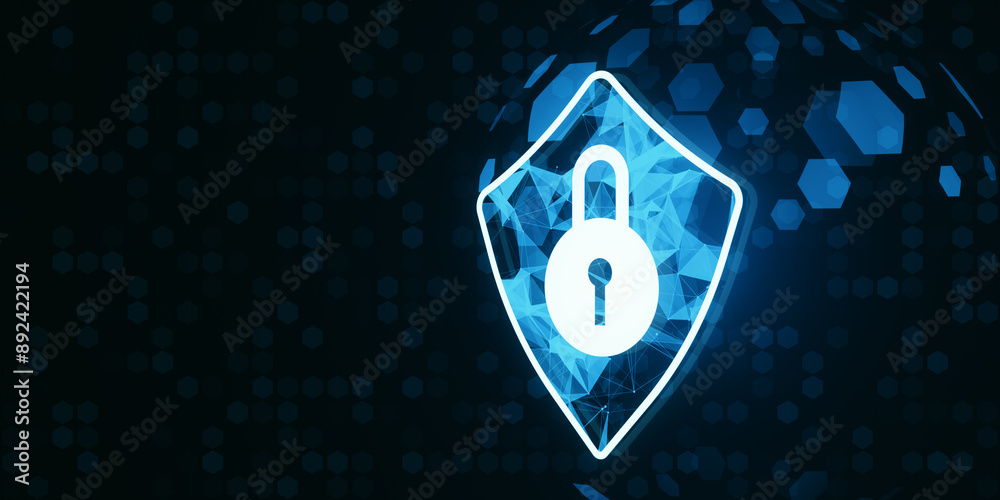 Aufkleber Cybersecurity lock icon on a holographic hexagonal background. 3D Rendering