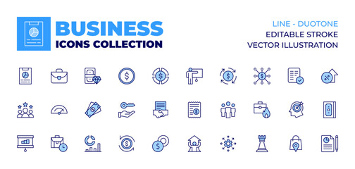 Business icons collection. Line icons, doutone style, editable stroke, vector illustration. money, key, investment, business, contract, objective, growth, presentation, ticket, cycle, approach.
