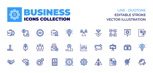 Business icons collection. Line icons, doutone style, editable stroke, vector illustration. handshake, job seeker, interest rate, business man, currency, cash flow, coin, comfort zone, team leader.