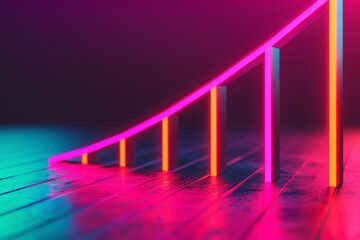 Neon glowing bar graph in pink and blue colors, set against dark background. Reflective surface. Futuristic data visualization concept.