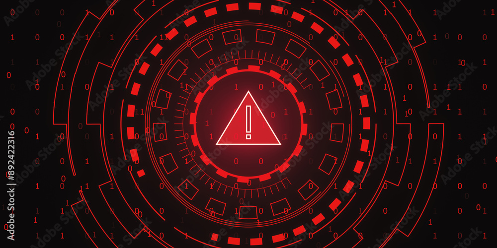 Poster Digital Warning Exclamation Mark on Red Cyber Background. 3D Rendering