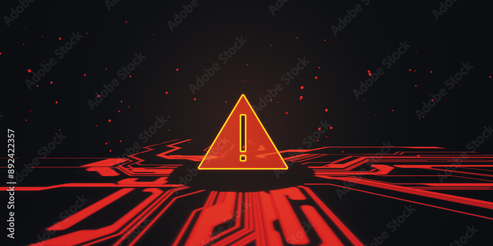Aufkleber Exclamation Mark Warning Sign on Red Circuit Background. 3D Rendering
