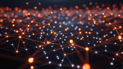 Obraz premium Cool-toned dots connected by laser-like lines, creating a network on a black background with a significant area reserved for text