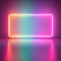 Fototapeta premium Neon square-shaped light frame in purple and pink gradient background, modern abstract glowing design with vivid colors and reflections.