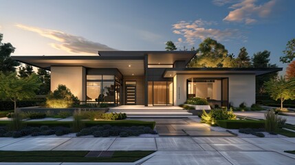 Front view of a sleek, modern suburban home with minimalist landscaping, featuring a unique roof design