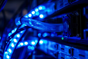 Minimalistic photo of an electric wire illuminated by blue light against the server equipment background, symbolizing high technology.