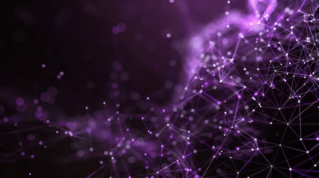 Deep purple and black abstract plexus of interconnected dots and fine lines, highlighting a clear area for copy