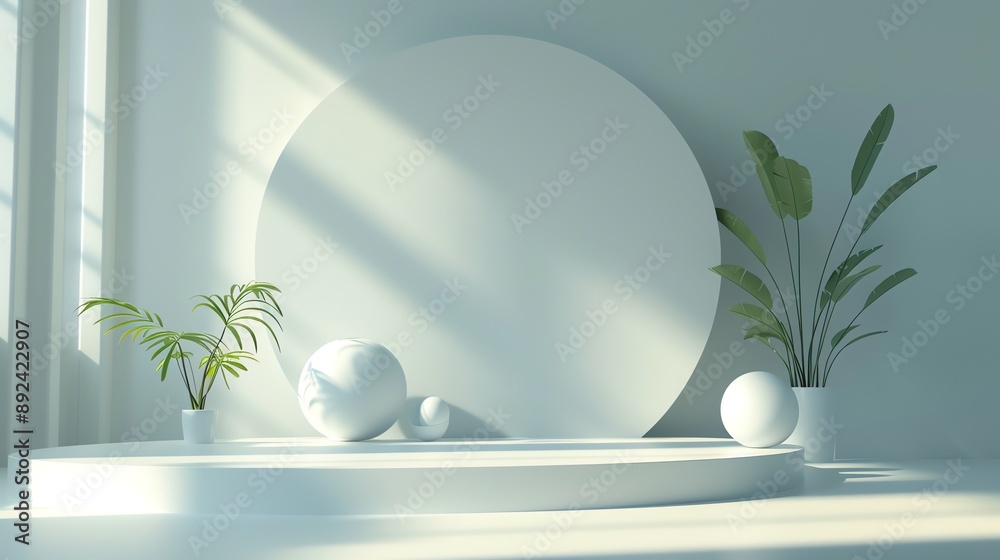 Poster 3d rendering of a simple and elegant product display stage with a large circle on the back wall and 