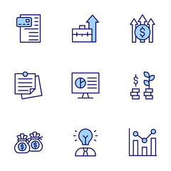 Business icons set. Line icons, doutone style, editable stroke, vector illustration. bar chart, profit, payment, notes, money bag, professional, presentation, pioneer.