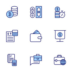 Business icons set. Line icons, doutone style, editable stroke, vector illustration. bitcoin symbol, strategy, accounting, international business, analysis, money, loan, job description.
