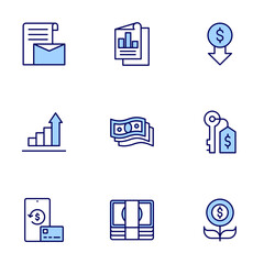 Business icons set. Line icons, doutone style, editable stroke, vector illustration. branding, bar graph, subscription, analysis, money, low price, key, investment.