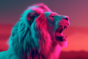 Obraz premium Vibrant digital art of a roaring lion with neon colors under a surreal sunset sky, showcasing powerful wildlife imagery.