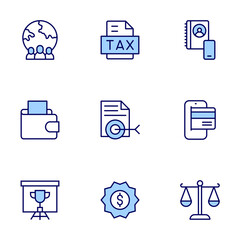Business icons set. Line icons, doutone style, editable stroke, vector illustration. trophy, tax, target, sticker, statistics, smartphone, scale, worldwide, wallet.