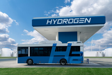 Fuel cell bus at the hydrogen filling station. Concept