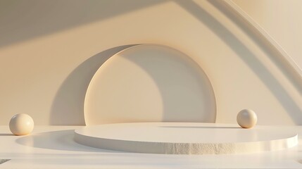 3D rendering of a simple and elegant podium with a curved backdrop. The podium is lit by a soft, warm light.