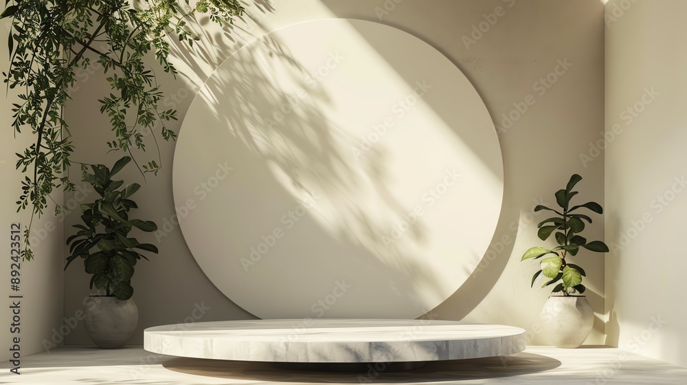 Poster 3d rendering of a product display platform with a circular backdrop. the platform is made of marble 