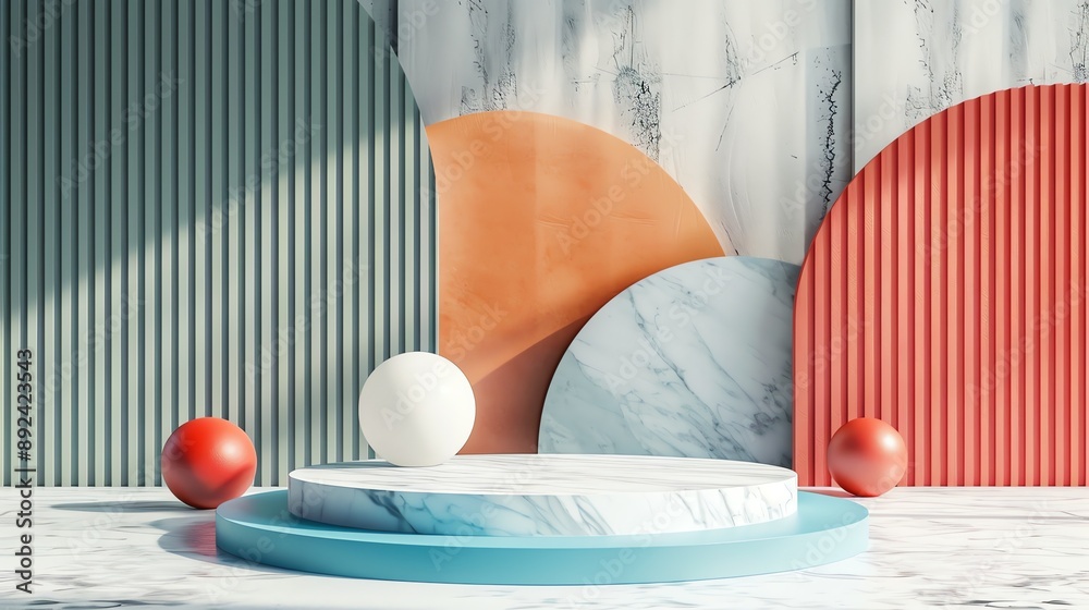 Poster 3d rendering of a product display platform. the platform is made of marble and has a blue base.