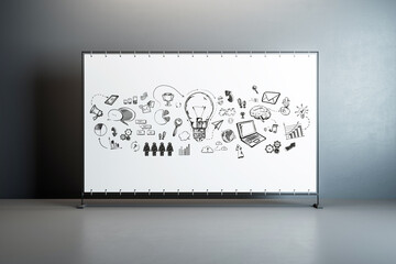 A flipchart with business and innovation doodles in a room with a gray background, concept of brainstorming. 3D Rendering