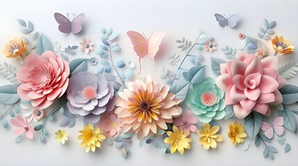 3d render, abstract cut paper flowers isolated on white, botanical background, festive floral arrangement. Rose, daisy, dahlia, butterfly and leaves in pastel color palette. Simple modern wall decor