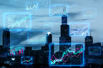 A city skyline with digital stock market graphs overlay, conceptualizing economic trends against a dark night backdrop