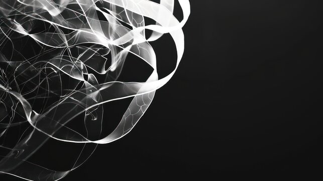 Glowing white plexus on a stark black background, high contrast and minimalist with text space