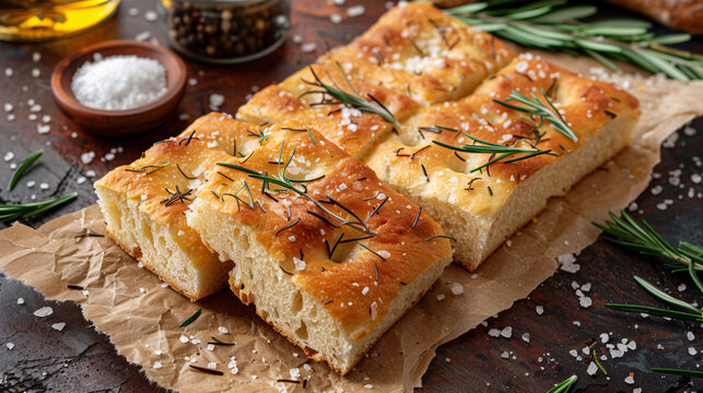 Freshly baked focaccia bread with rosemary and sea salt