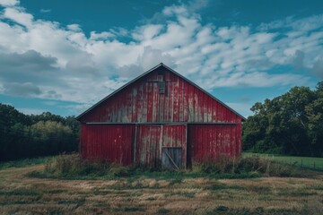 Obraz premium A traditional red barn standing alone in an open field surrounded by trees