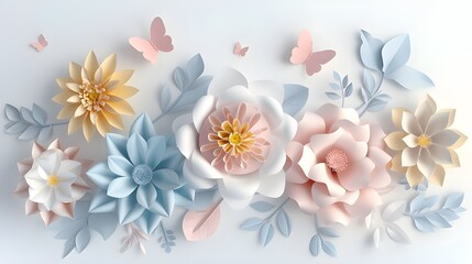 Obraz premium 3d render, abstract cut paper flowers isolated on white, botanical background, festive floral arrangement. Rose, daisy, dahlia, butterfly and leaves in pastel color palette. Simple modern wall decor