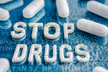 Stop drugs, a lot of drug tablets with a sign on them.