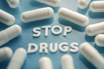 Stop drugs, a lot of drug tablets with a sign on them.