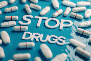 Stop drugs, a lot of drug tablets with a sign on them.