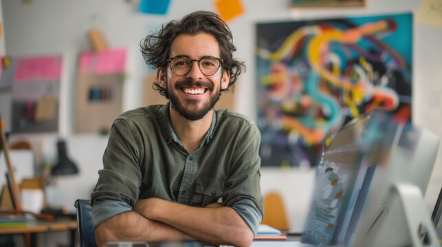 an enthusiastic graphic designer with digital tools, smiling creatively.