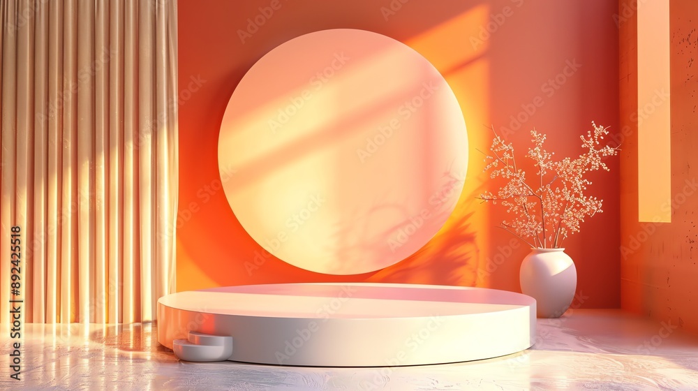 Poster 3d rendering of a product display. there is a large round podium in the center of the room with a pl