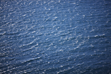 Surface of the ocean is blue in small waves.