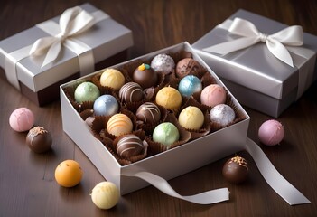 assorted gourmet chocolate truffles in a black silk
