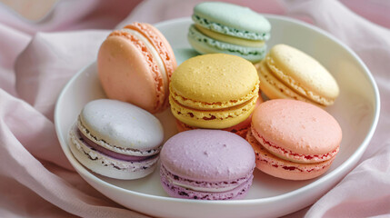 Freshly baked macarons in pastel colors