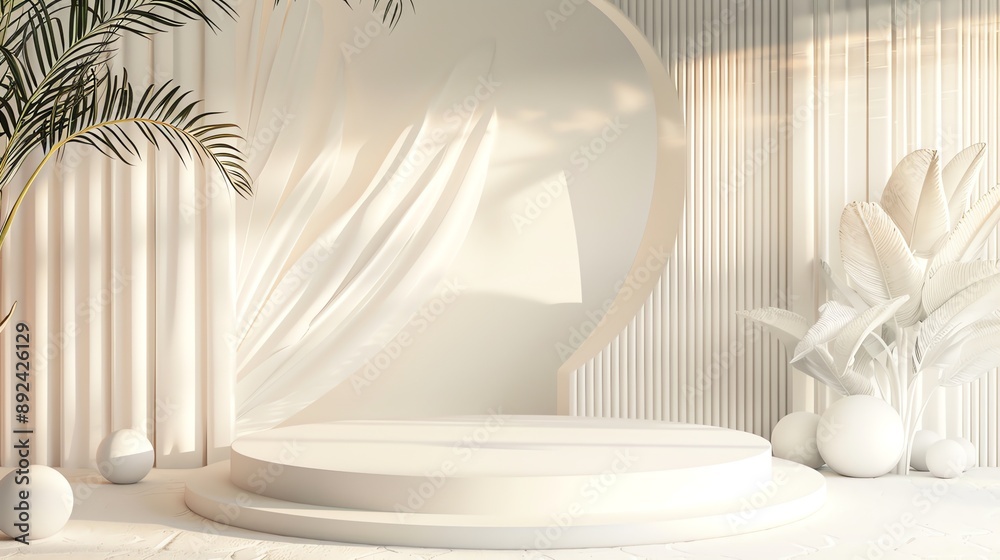 Poster 3d rendering of a simple and elegant product display stage with a white podium and a large arch in t